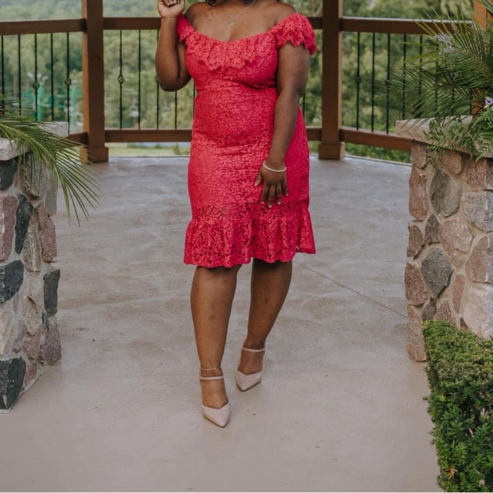Dark Pink Lace Off Shoulder Express Dress with cutouts